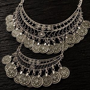 Double the Coins, Double the Drama Silver Tone Babes Statement Necklace